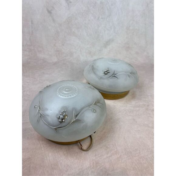 MCM Mod Set of 2 Vintage Frosted Light Fixtures Grapevine Embossed - Picture 1 of 8